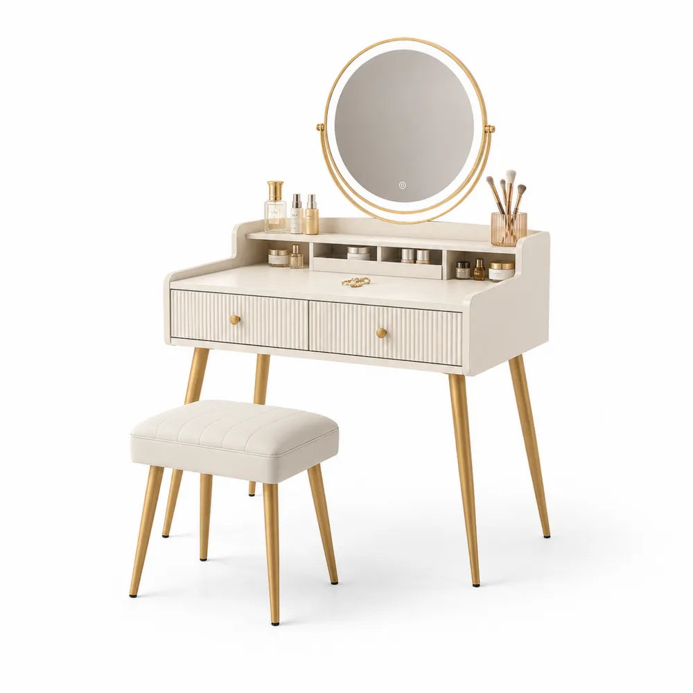 Schminktisch Set mit Spiegel und Hocker Rund MDF Weiß/Gold Metall