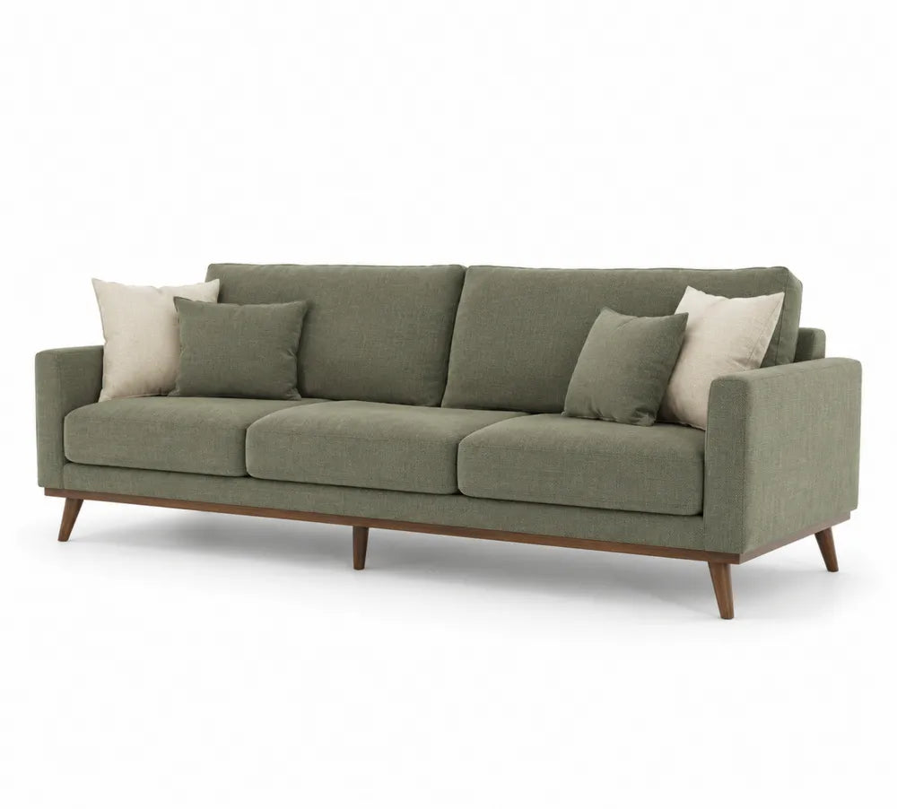3-Sitzer Sofa Leinenstoff Olivgrün mit Holzrahmen