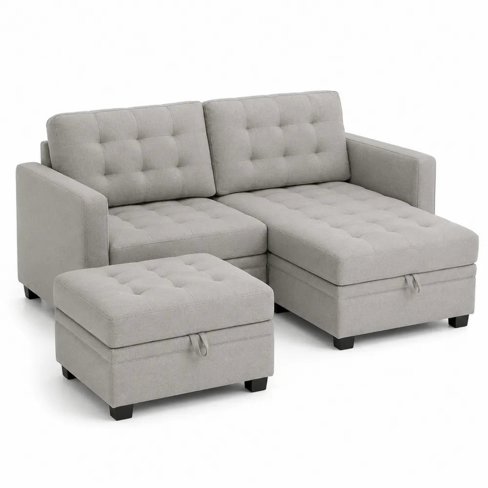 Ecksofa mit Ottomane und Hocker Grau Leinenoptik