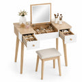 Holz Schminktisch mit Hocker und Spiegel, Kiefernholz, Weiß