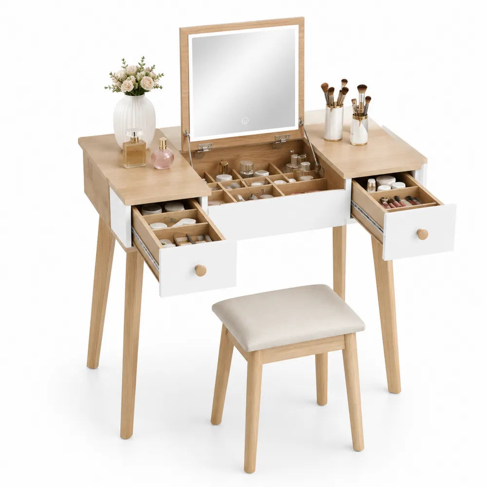 Holz Schminktisch mit Hocker und Spiegel, Kiefernholz, Weiß