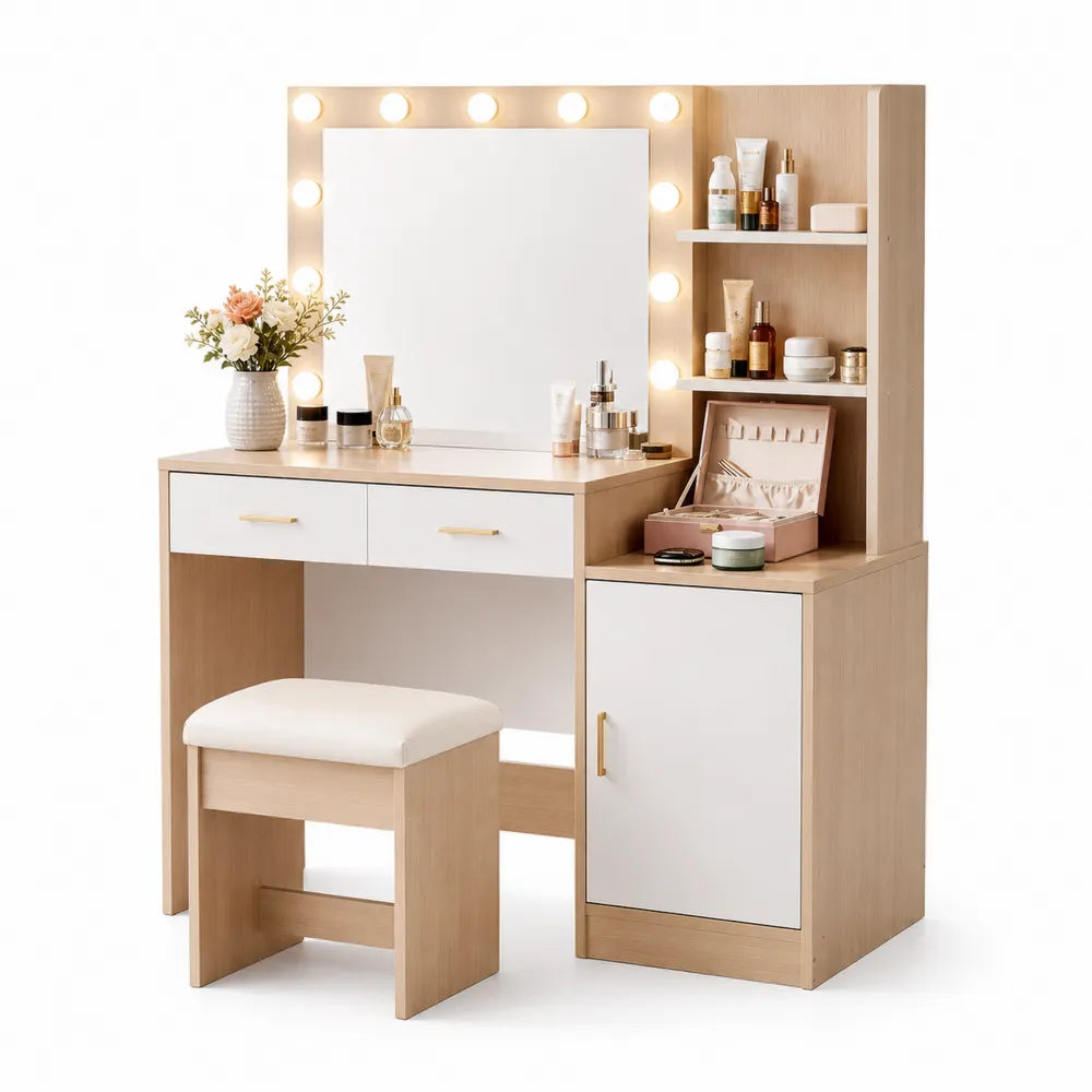 Schminktisch mit Spiegelbeleuchtung aus MDF und Kunstleder Holz/Weiß