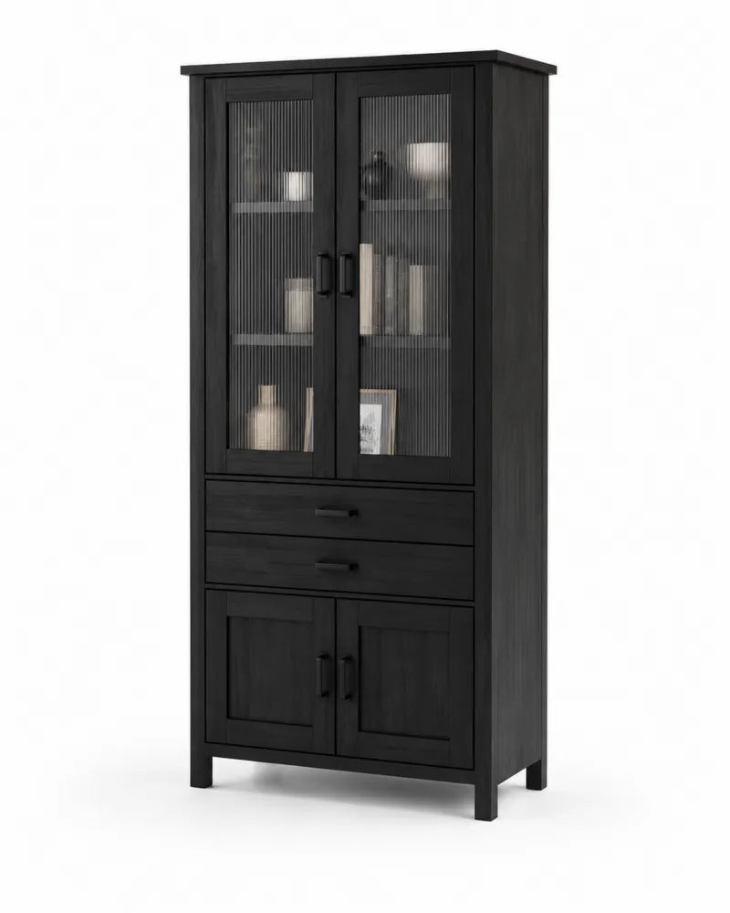 Schwarze Holzvitrine mit geriffeltem Glas 200x100x40cm