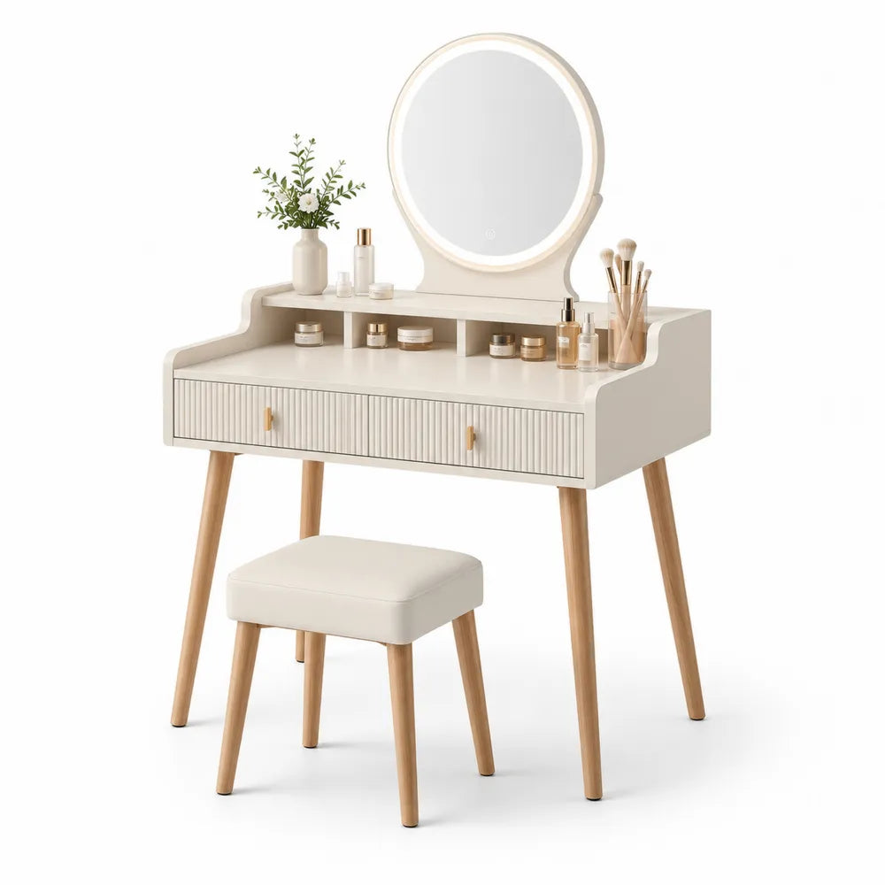 Schminktisch mit Hocker, Weiß, Holz, 80x40x140 cm