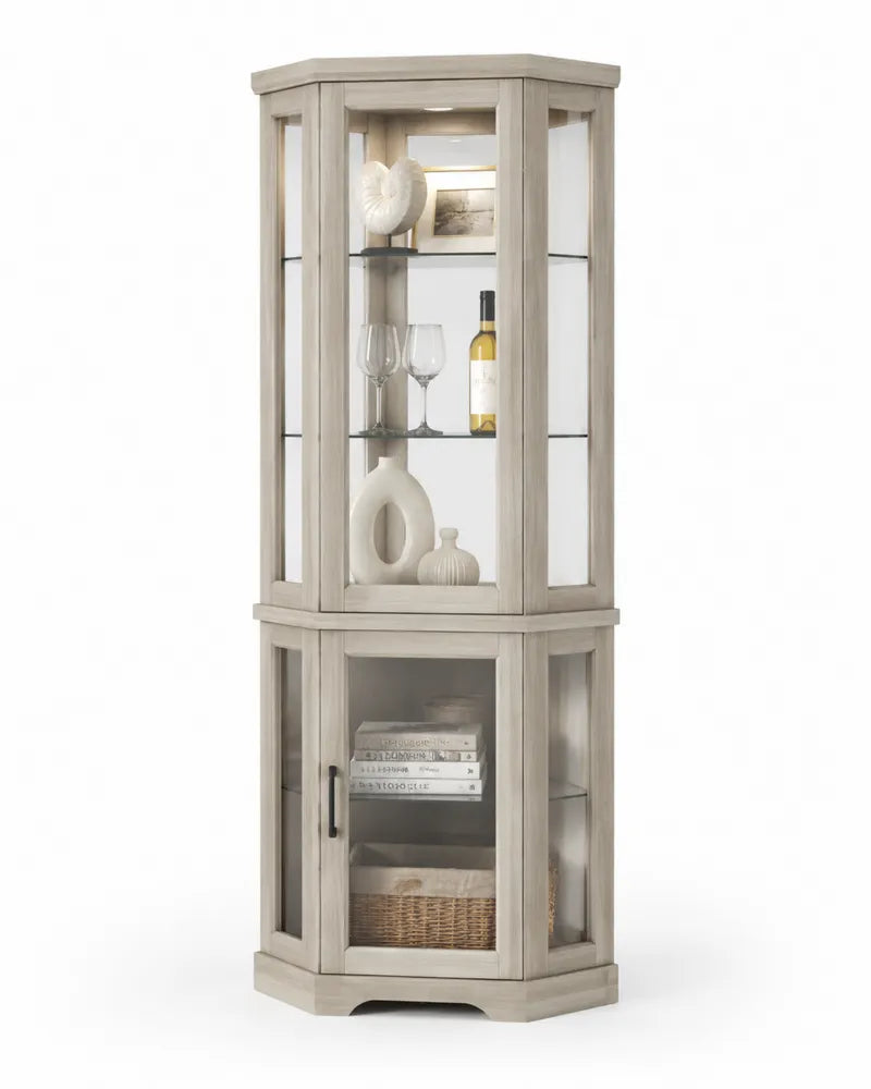 Eckvitrine Holz Gehärtetes Glas Grau 190x80x40cm mit Beleuchtung