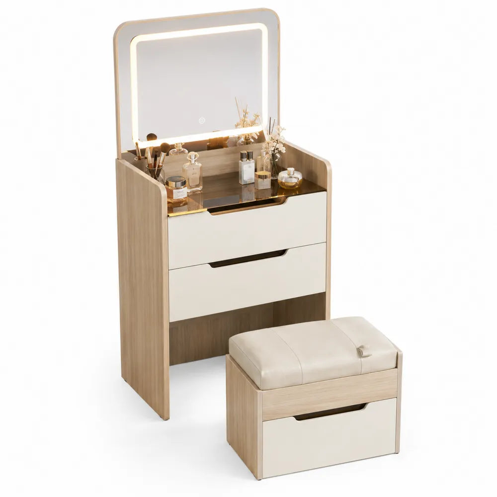 Schminktisch mit LED-Spiegel Holz Creme mit Hocker