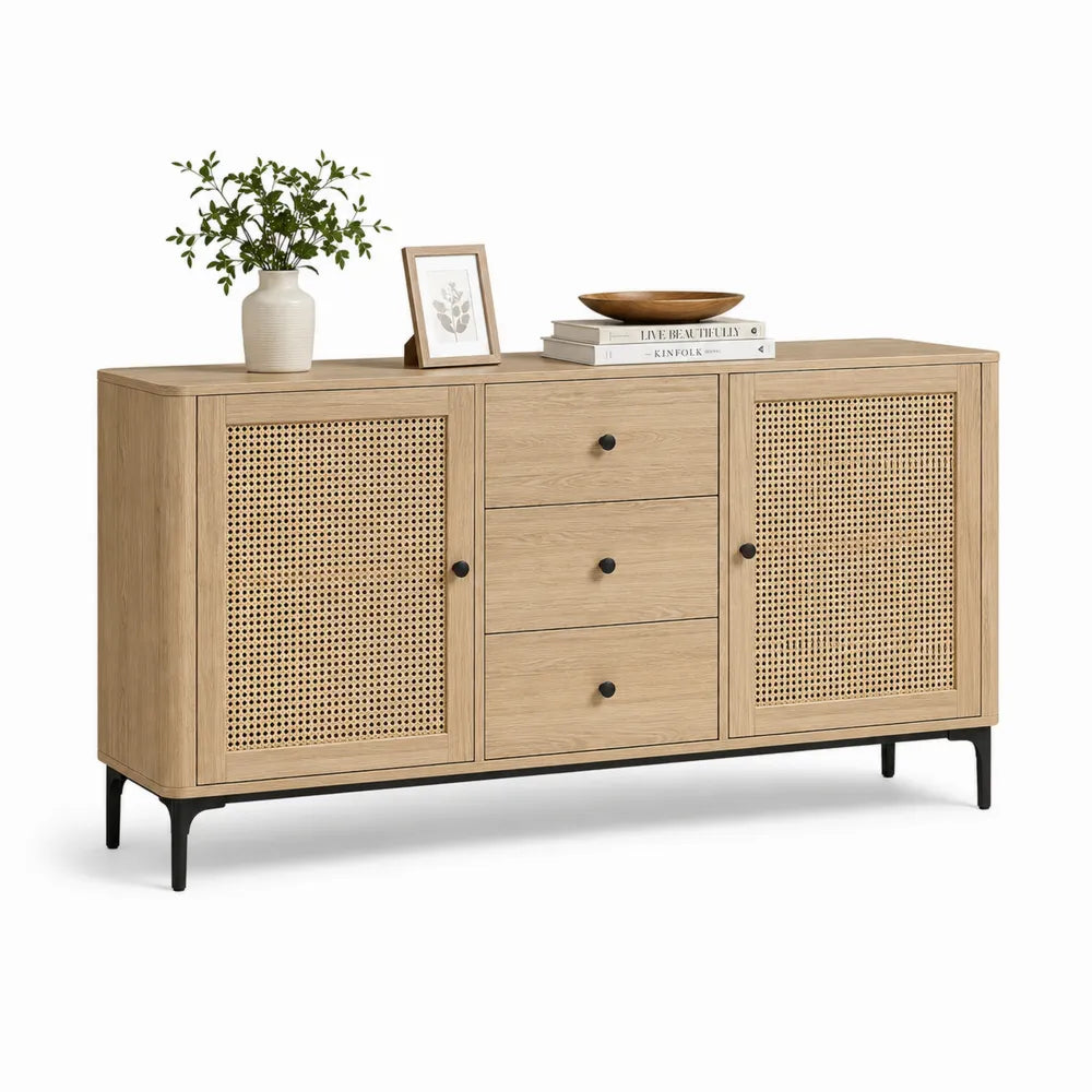 Sideboard aus Eichenholz mit Rattangeflecht und Metallbeinen