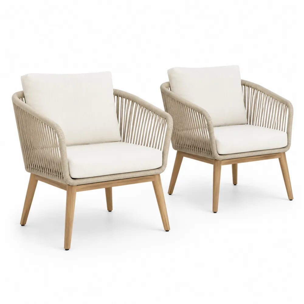 Gartenstuhl-Set aus Seil und Teakholz mit Kissen, 2er Set