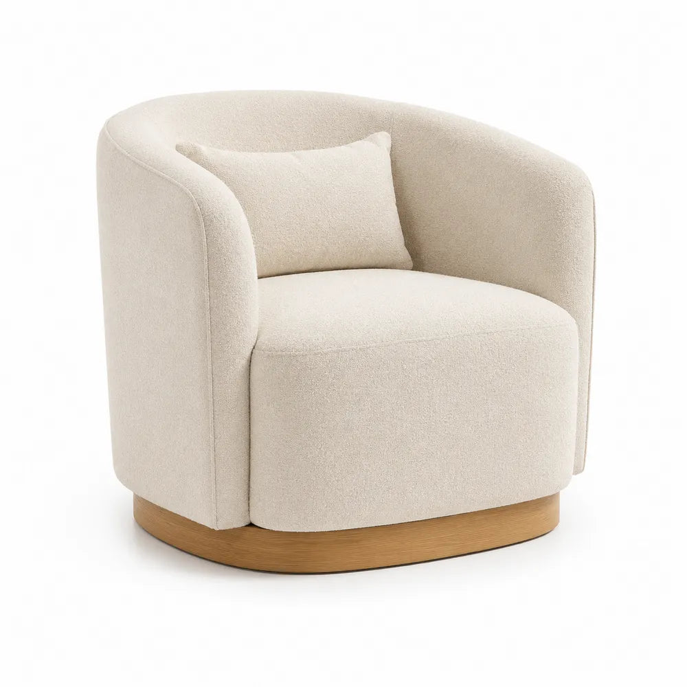 Runder Sessel aus Stoff mit Holzsockel und Kissen, Creme