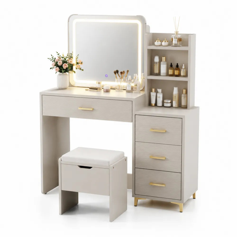 Schminktisch-Set mit Spiegel und LED-Beleuchtung in Weiß/Gold